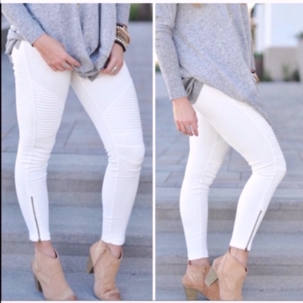 white moto motorcyle ankle zipper pull on leggings - Picture 2 of 3
